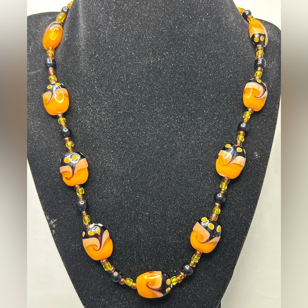 Whimsical Fall Colors Necklace Halloween Chunky Glass Beads Black/Orange/Yellow